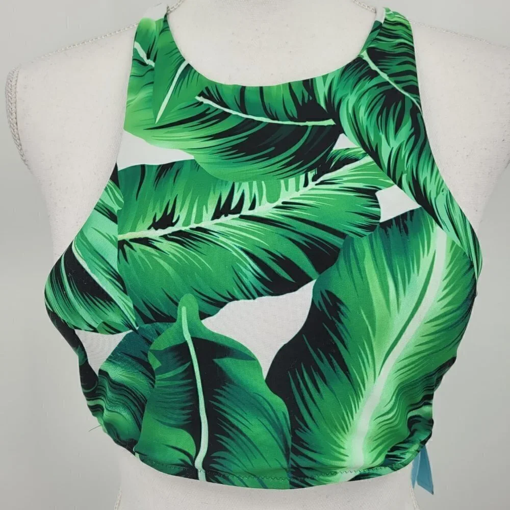 Cupsay Swim Tropical Leaf Print Racerback Bikini Top